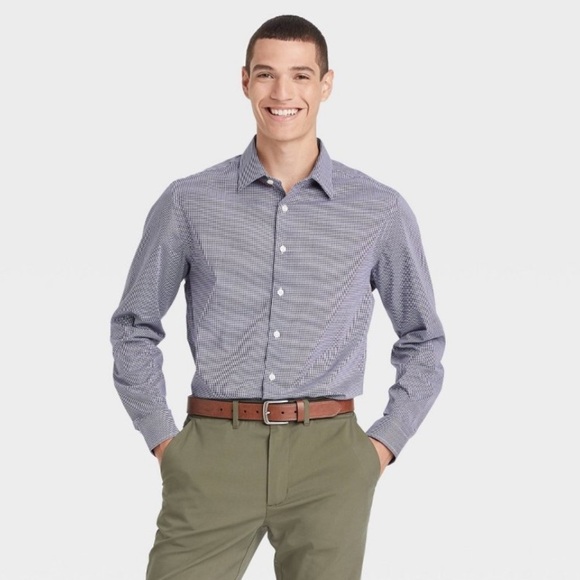 NWT - Navy Gingham Check Long Sleeve Button Up Dress Shirt - Standard Fit - Picture 4 of 8